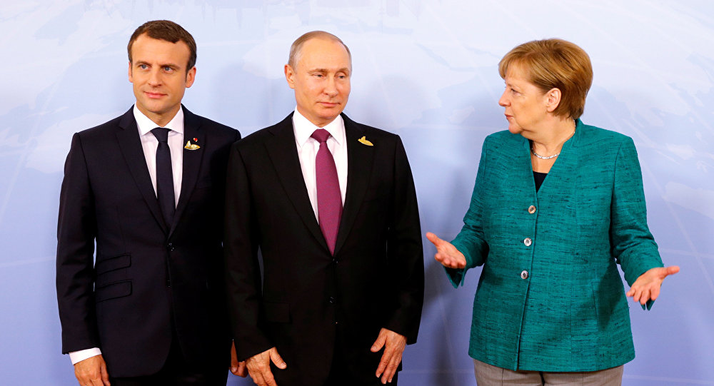Макрон, Путин и Меркель