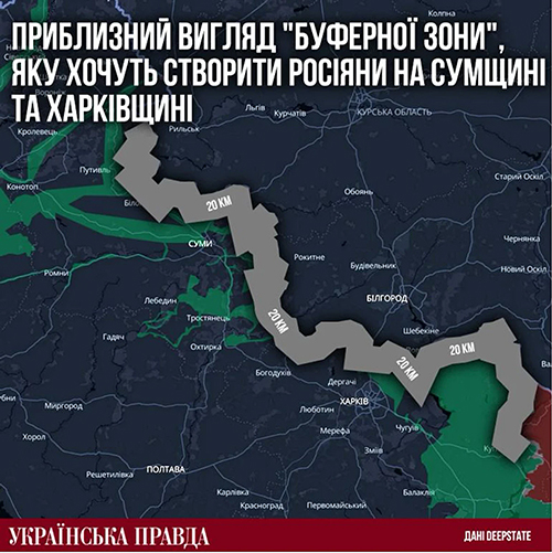 Російські окупаційні війська хочуть створити 20-кілометрову «буферну зону» вздовж кордону у Сумській та Харківській областях, тому захоплюють прикордонні села.