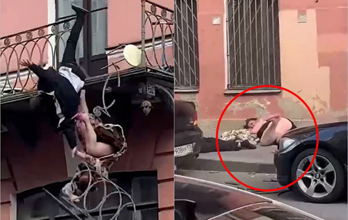 В России пьяная парочка во время ссоры выпала с балкона. ВИДЕО