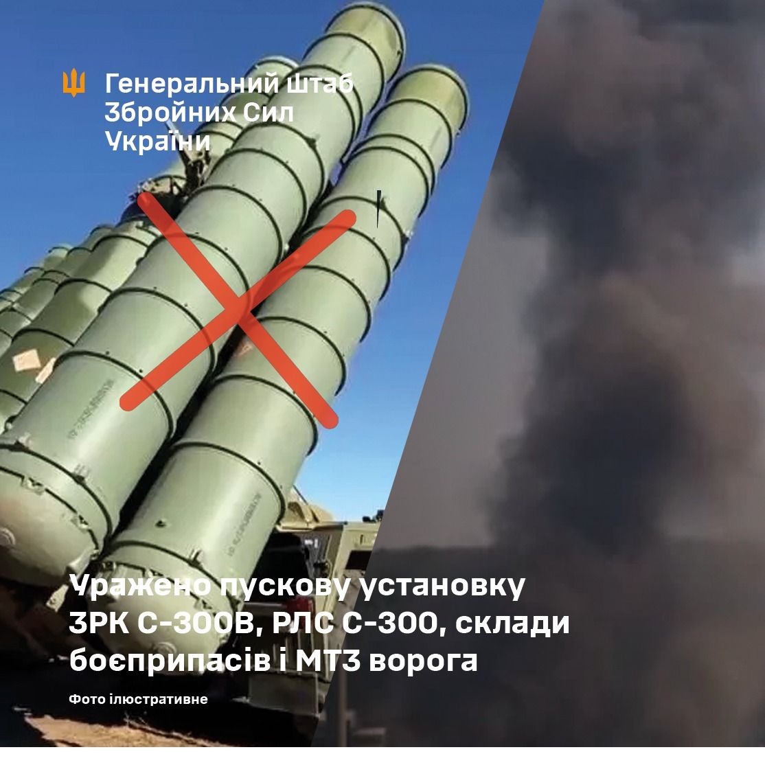 Уражено пускову установку ЗРК С-300В, РЛС С-300, склади боєприпасів і МТЗ ворога, – Генштаб ЗСУ