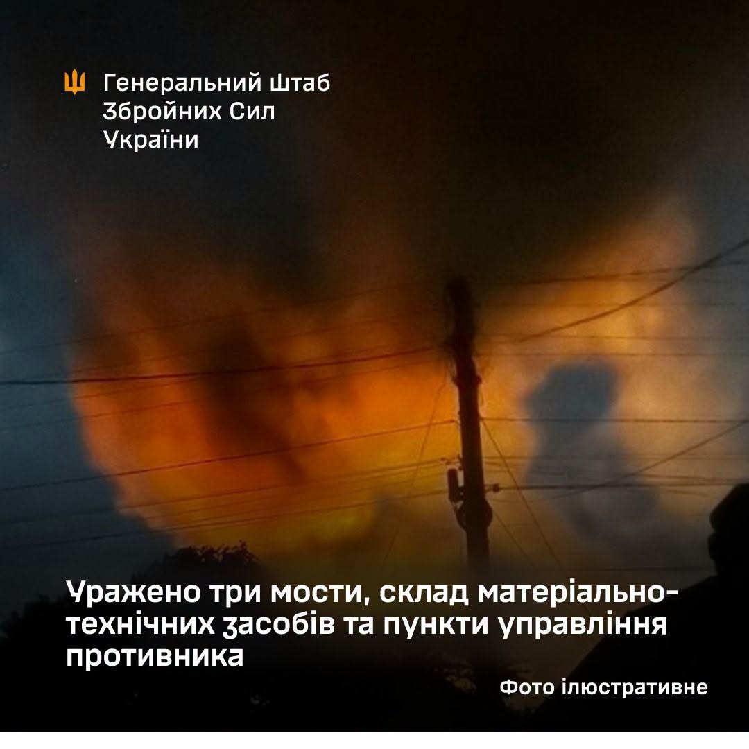 Уражено три мости, склад матеріально-технічних засобів та пункти управління противника, - Генштаб ЗСУ