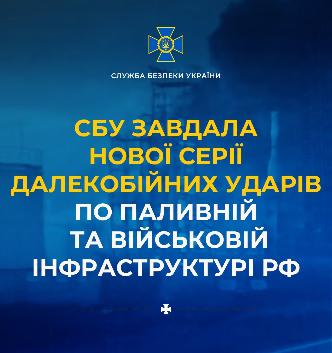 СБУ завдала нової серії далекобійних ударів по паливній та військовій інфраструктурі рф СБУ завдала нової серії далекобійних ударів по паливній та військовій інфраструктурі рф