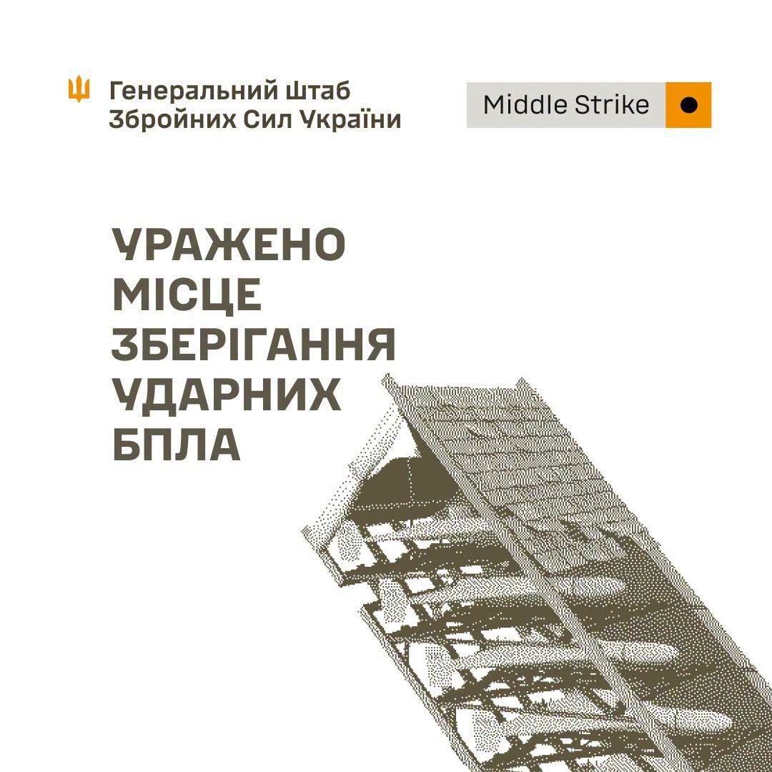 Уражено місце зберігання ударних БпЛА, склади МТЗ, пункти управління та наземні ретранслятори противника, - Генштаб ЗСУ Уражено місце зберігання ударних БпЛА, склади МТЗ, пункти управління та наземні ретранслятори противника, - Генштаб ЗСУ