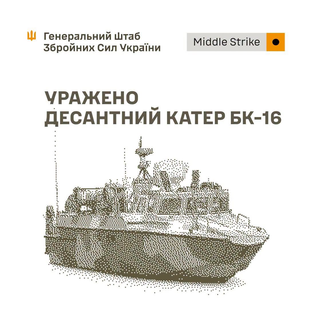 Уражено десантний катер БК-16, комплекс РЕБ, пункт управління БпЛА і склади противника, - Генштаб ЗСУ