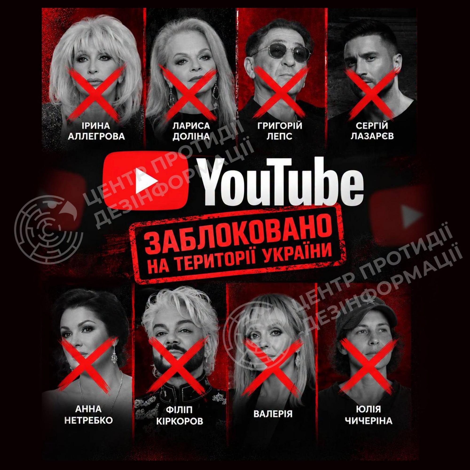 YouTube заблокував на території України 31 канал російських артистів-путіністів, пропагандистів і підсанкційних осіб