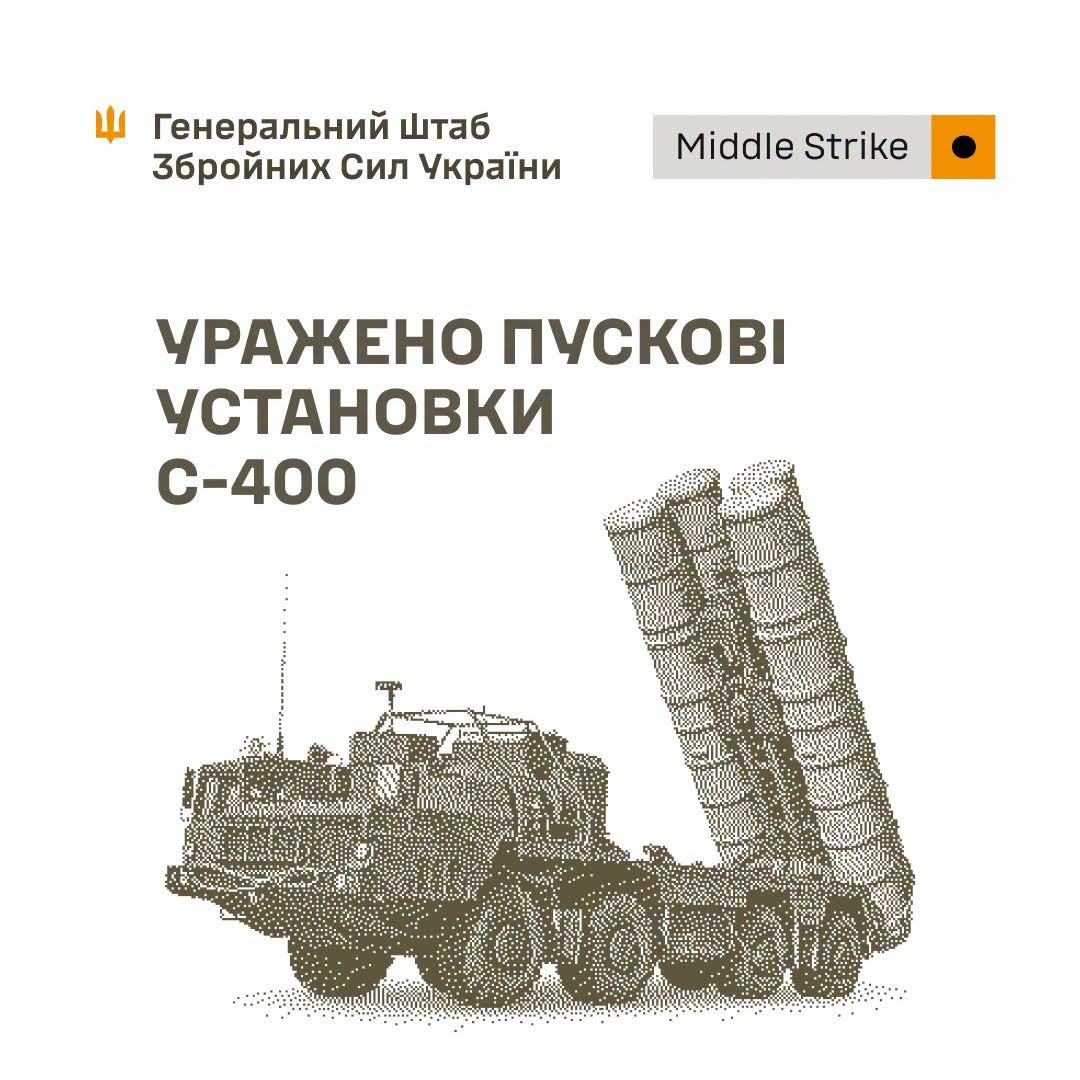 Уражено пускові установки С-400, місце запуску БпЛА та об’єкти забезпечення противника, - Генштаб ЗСУ Уражено пускові установки С-400, місце запуску БпЛА та об’єкти забезпечення противника, - Генштаб ЗСУ