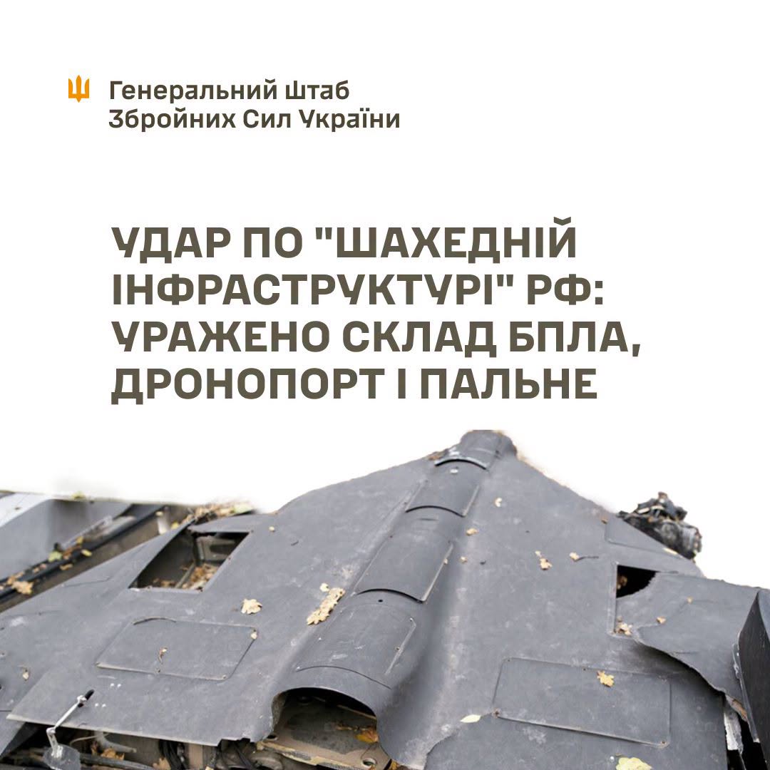 Удар по "шахедній інфраструктурі" рф: уражено склад БпЛА, дронопорт і пальне