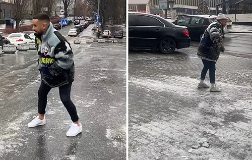 Монатик станцевал на покрытой льдом улице Киева. ВИДЕО